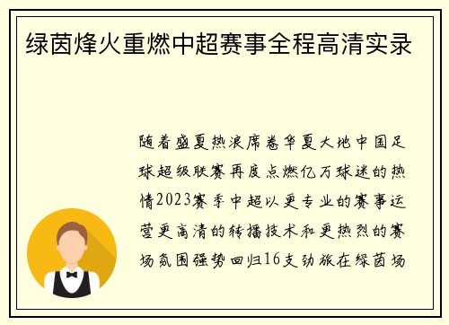 绿茵烽火重燃中超赛事全程高清实录